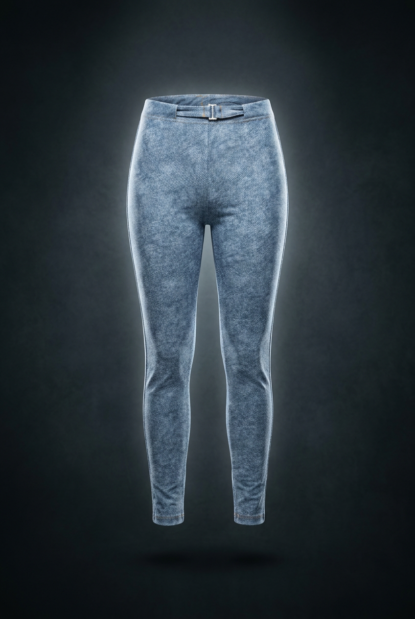 Women's faux denim leggings in light blue, front view