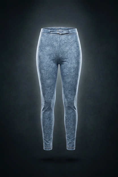 Women's faux denim leggings in light blue, front view