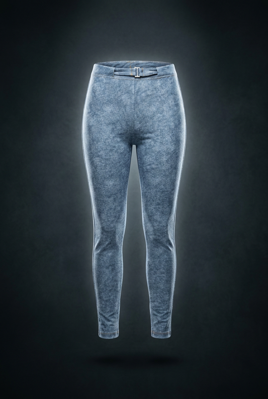Women's faux denim leggings in light blue, front view