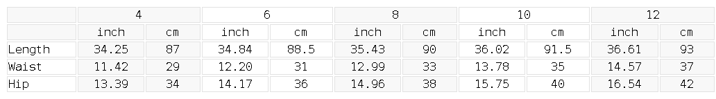 Size chart for the women's faux denim leggings