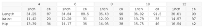 Size chart for the women's faux denim leggings