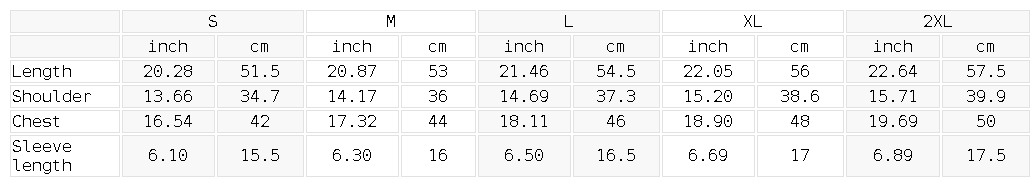 Size chart for the Women's Fitted Baby T-Shirt