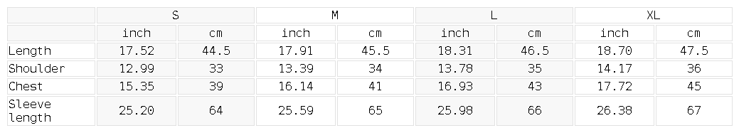 Size chart for the Women's Full-Zip Sports Jacket