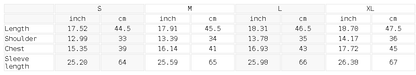 Size chart for the Women's Full-Zip Sports Jacket