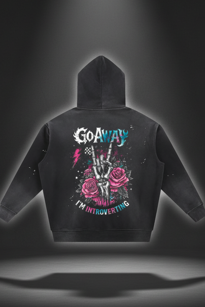 Women’s Go Away I’m Introverting vintage-wash frayed fleece hoodie in black