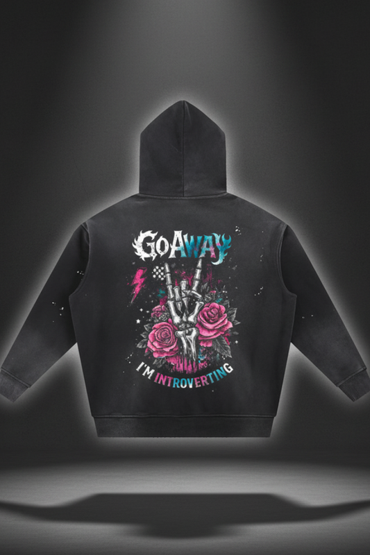 Women’s Go Away I’m Introverting vintage-wash frayed fleece hoodie in black