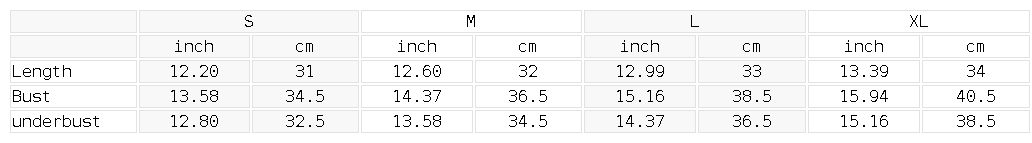 Size chart for the Women's Halter Cropped Sports Bra