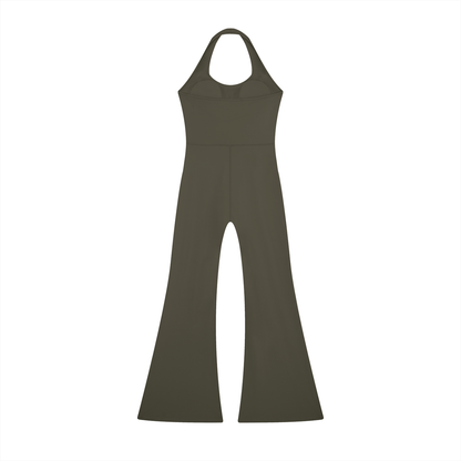 Women's Halter Flared Jumpsuit in army green, alternate angle