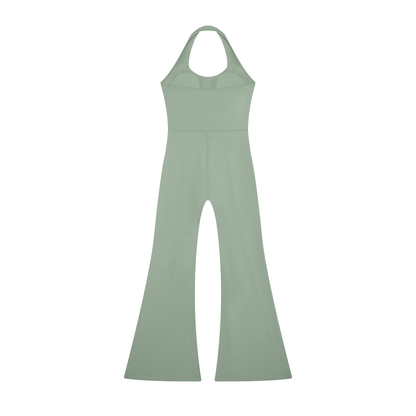 Women's Halter Flared Jumpsuit in gray green, alternate angle