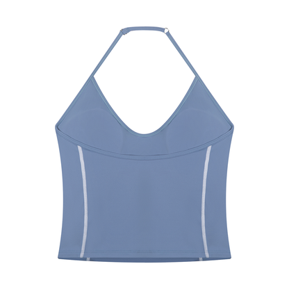 Women's Halter Neck Yoga Tank Top in blue, alternate angle