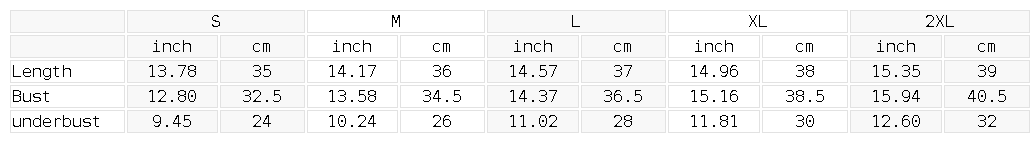 Size chart for the Women's Halter Yoga Sports Bra
