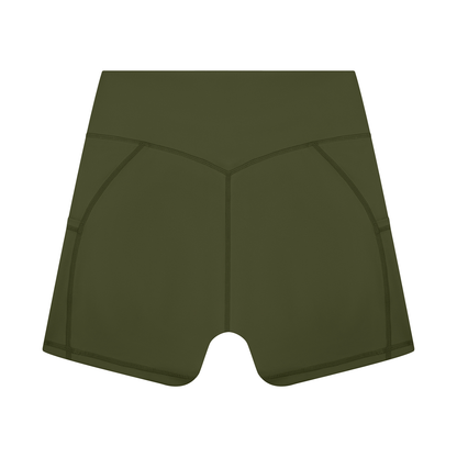 Women's High Rise Pocket Yoga Shorts in army green, alternate angle