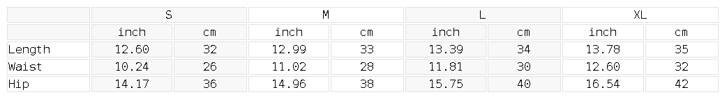 Size chart for the Women's High Rise Pocket Yoga Shorts