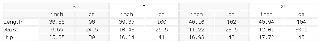 Size chart for the Women's High Rise Yoga Pants