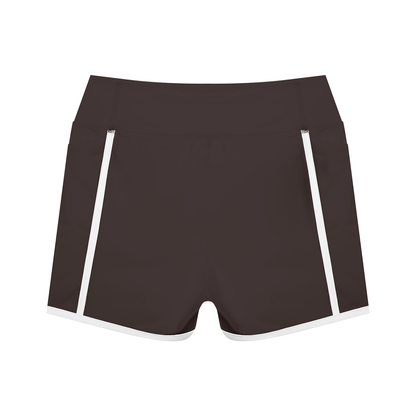 Women's High Waisted Color Block Biker Shorts in brown with white, alternate angle
