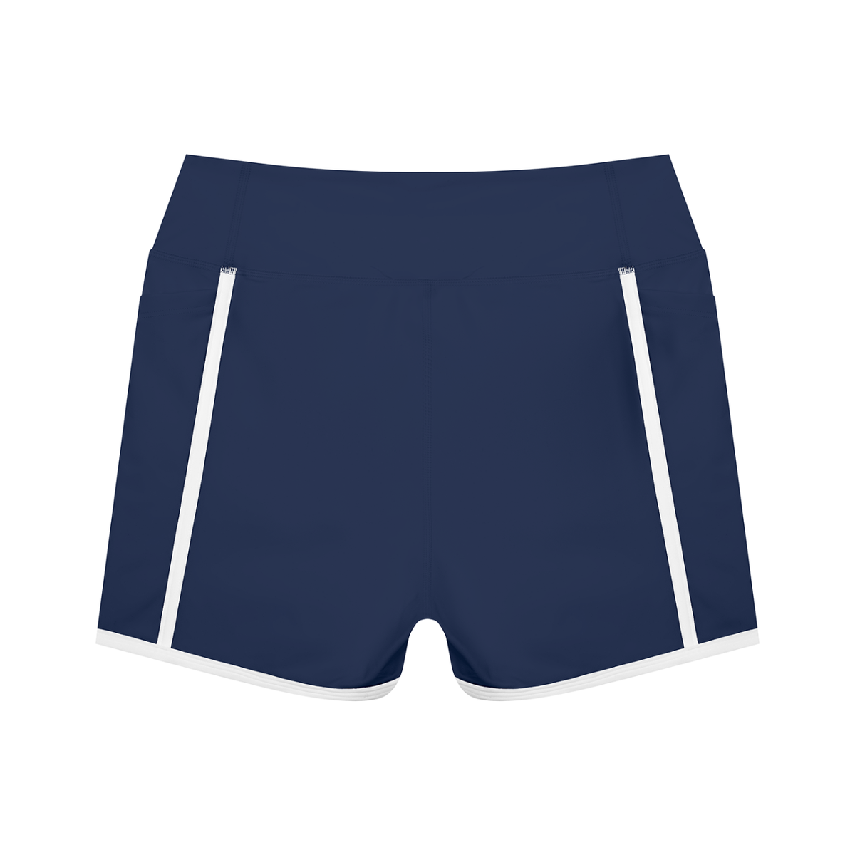 Women's High Waisted Color Block Biker Shorts in navy blue with white, alternate angle