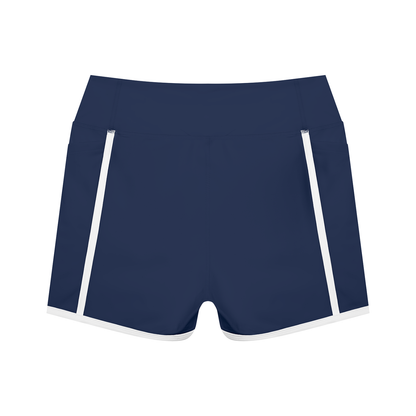 Women's High Waisted Color Block Biker Shorts in navy blue with white, alternate angle