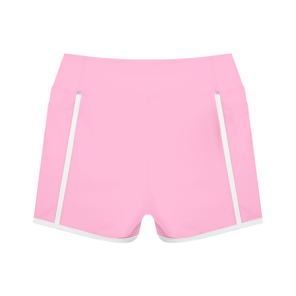 Women's High Waisted Color Block Biker Shorts in pink with white, alternate angle