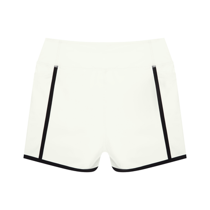 Women's High Waisted Color Block Biker Shorts in white gray with black, alternate angle