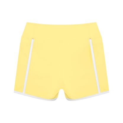 Women's High Waisted Color Block Biker Shorts in yellow with white, alternate angle