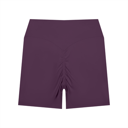 Women's High Waisted Yoga Biker Shorts in plum purple, alternate angle