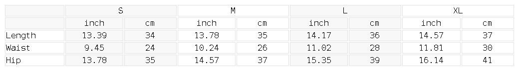 Size chart for the Women's High Waisted Yoga Biker Shorts