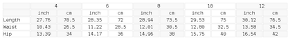 Size chart for the Women's High Waisted Yoga Capri Leggings