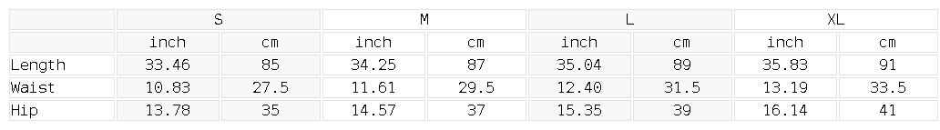 Size chart for the Women's High-Waisted Yoga Leggings