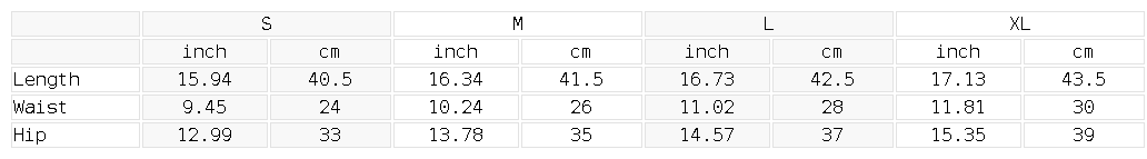 Size chart for the Women's High Waisted Yoga Shorts