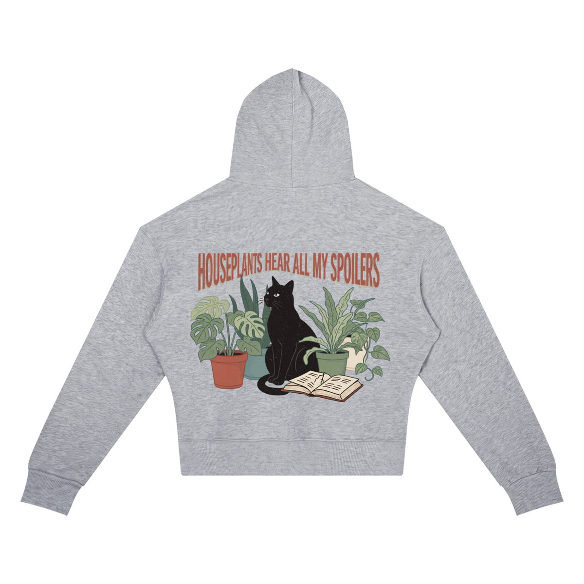 Women’s cropped drop-shoulder hoodie with a black cat beside houseplants and an open book, Houseplants Hear All My Spoilers back print
