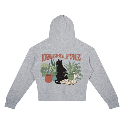 Women’s cropped drop-shoulder hoodie with a black cat beside houseplants and an open book, Houseplants Hear All My Spoilers back print