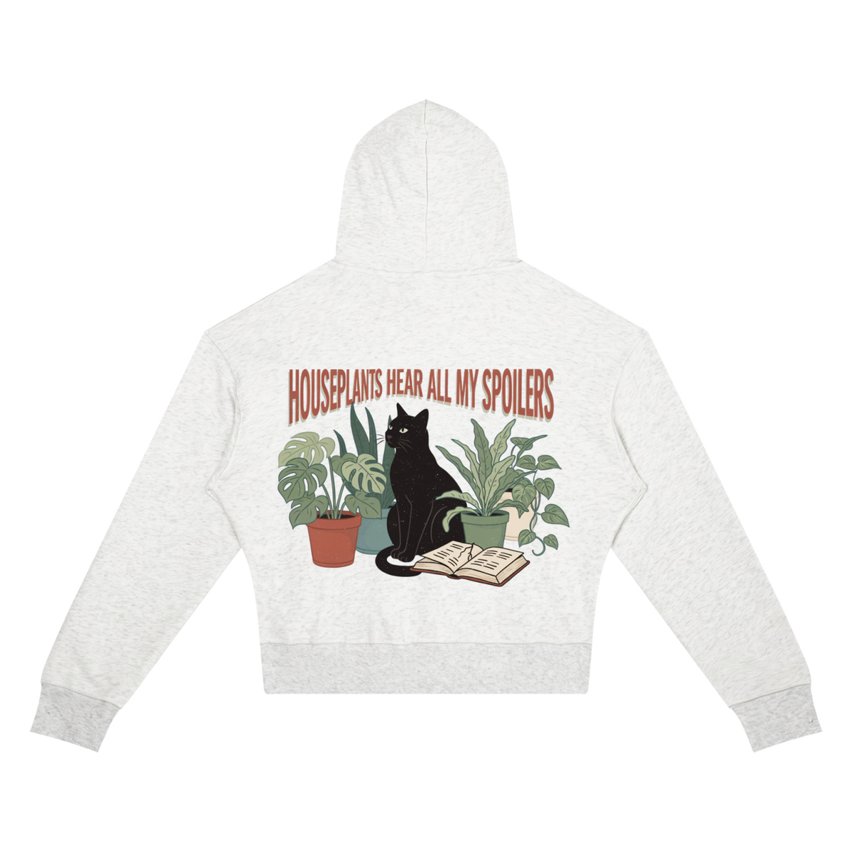 Women’s cropped drop-shoulder hoodie with a black cat beside houseplants and an open book, Houseplants Hear All My Spoilers back print