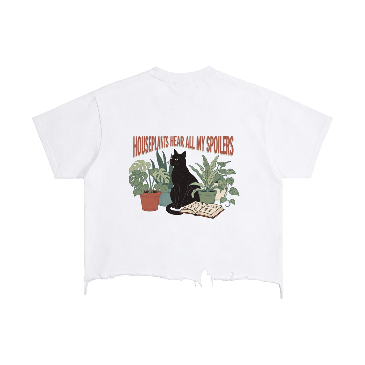 Unisex vintage-wash boxy tee with a distressed hem with a black cat beside houseplants and an open book, Houseplants Hear All My Spoilers back print