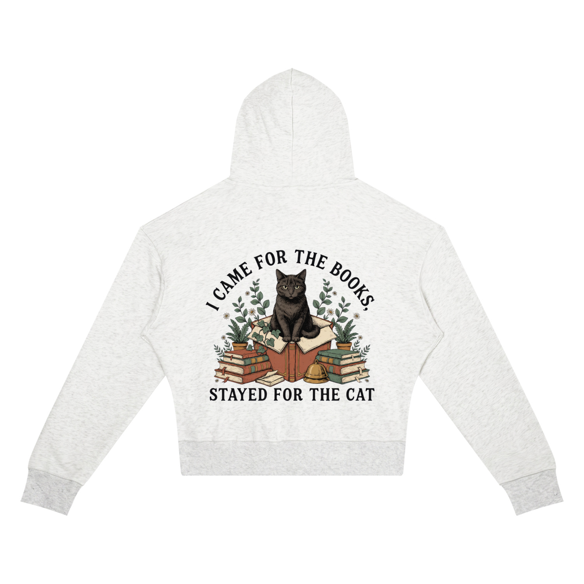 Women’s cropped drop-shoulder hoodie with a black cat on a stack of books and plants, I Came for the Books, Stayed for the Cat back print