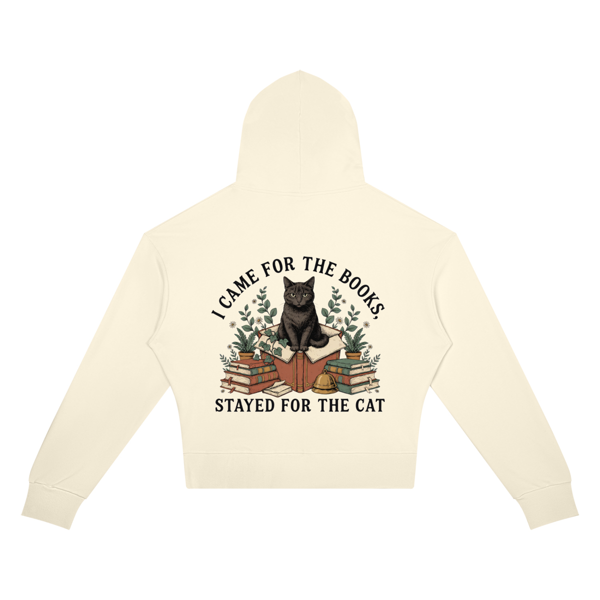 Women’s cropped drop-shoulder hoodie with a black cat on a stack of books and plants, I Came for the Books, Stayed for the Cat back print