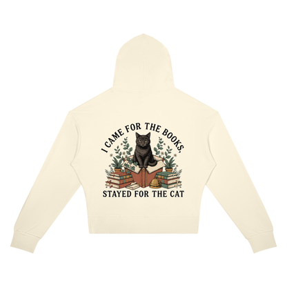 Women’s cropped drop-shoulder hoodie with a black cat on a stack of books and plants, I Came for the Books, Stayed for the Cat back print