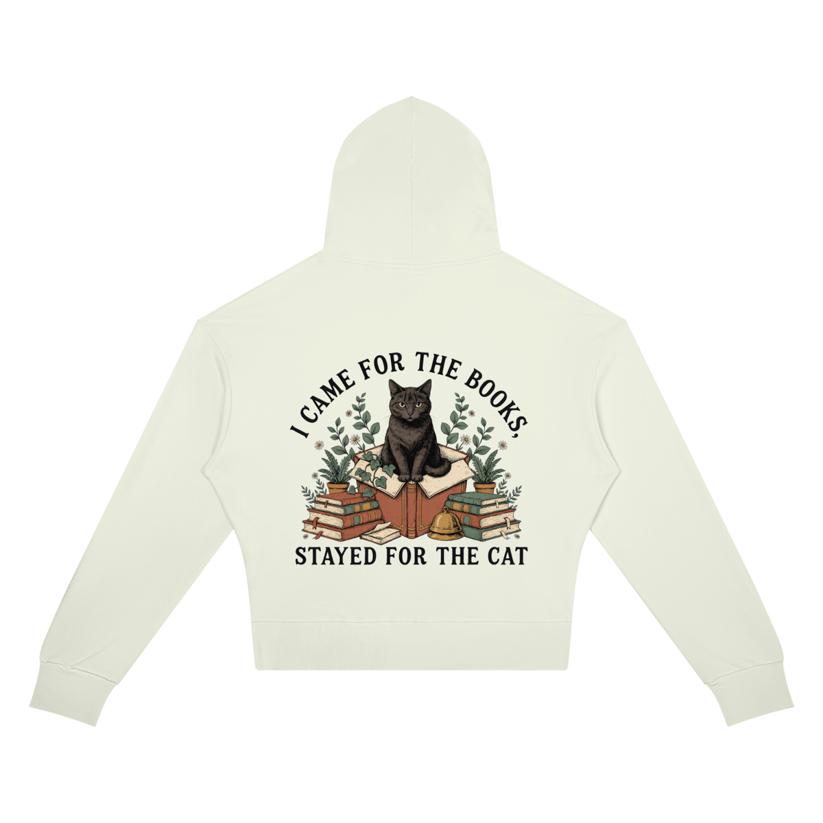 Women’s cropped drop-shoulder hoodie with a black cat on a stack of books and plants, I Came for the Books, Stayed for the Cat back print