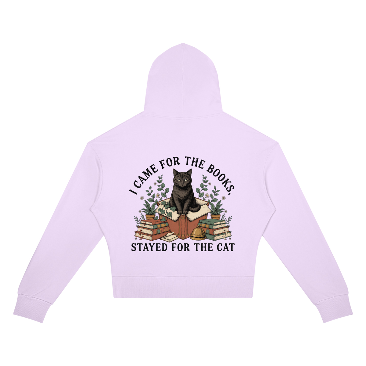 Women’s cropped drop-shoulder hoodie with a black cat on a stack of books and plants, I Came for the Books, Stayed for the Cat back print