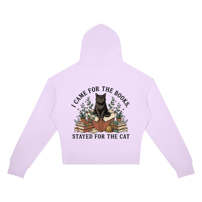 Women’s cropped drop-shoulder hoodie with a black cat on a stack of books and plants, I Came for the Books, Stayed for the Cat back print