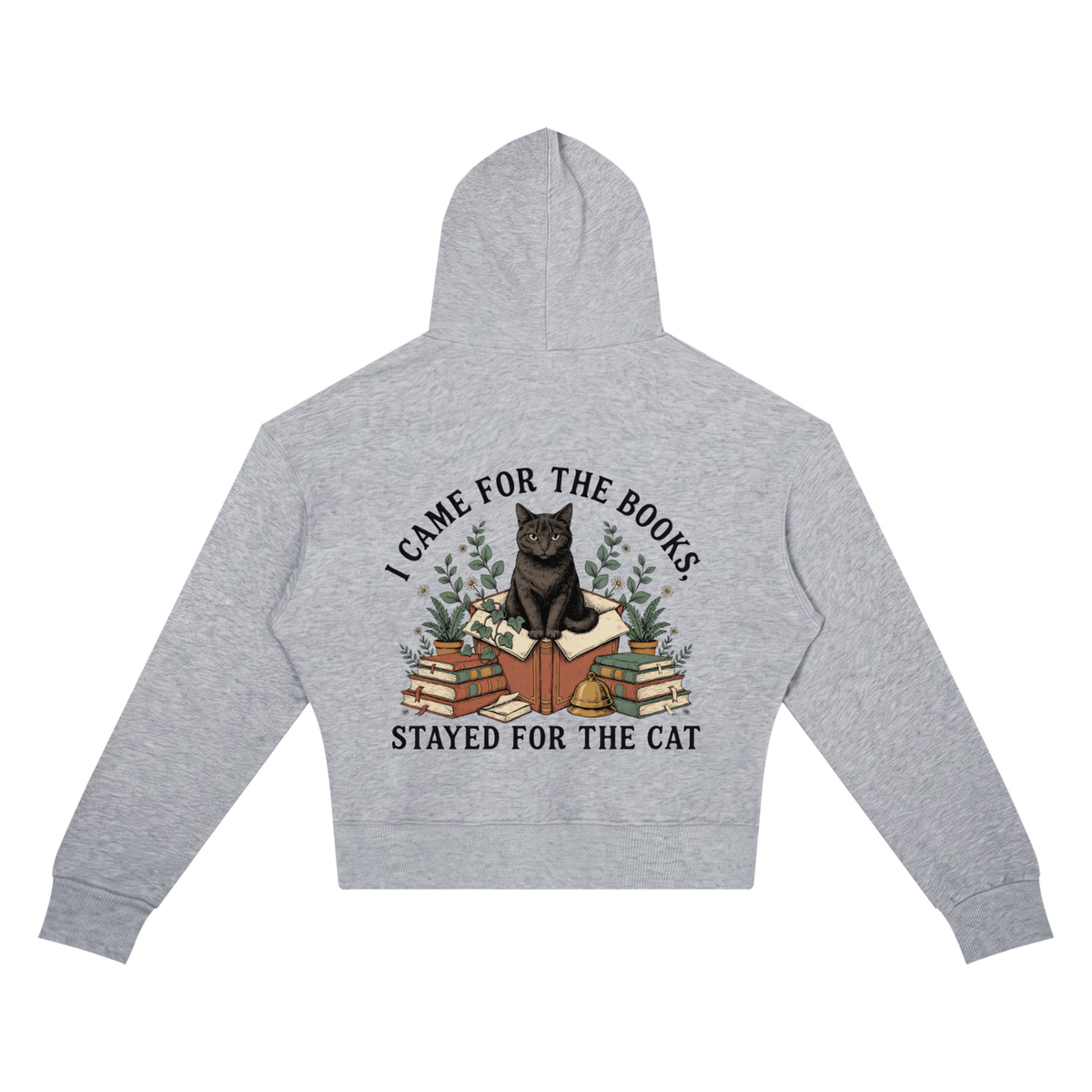 Women’s cropped drop-shoulder hoodie with a black cat on a stack of books and plants, I Came for the Books, Stayed for the Cat back print