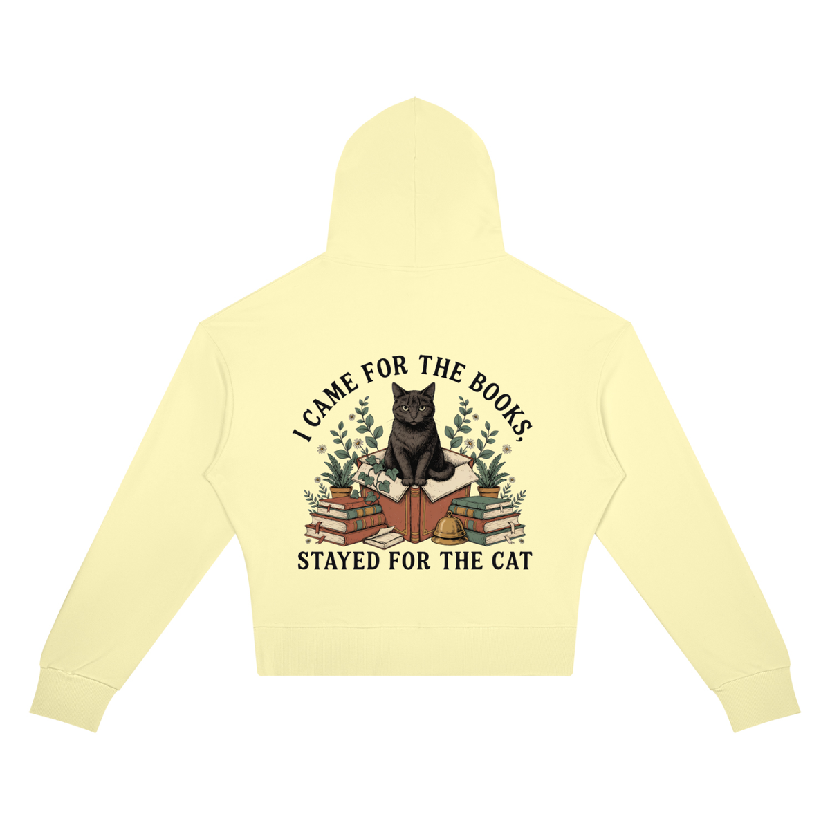 Women’s cropped drop-shoulder hoodie with a black cat on a stack of books and plants, I Came for the Books, Stayed for the Cat back print