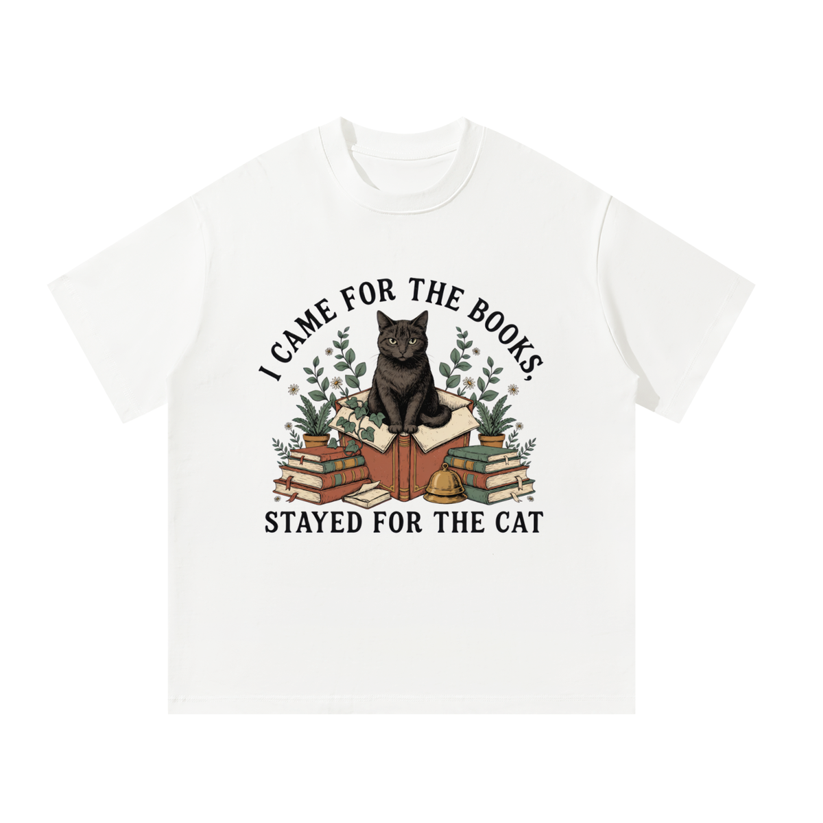 Unisex oversized heavyweight cotton tee with a black cat on a stack of books and plants, I Came for the Books, Stayed for the Cat front print