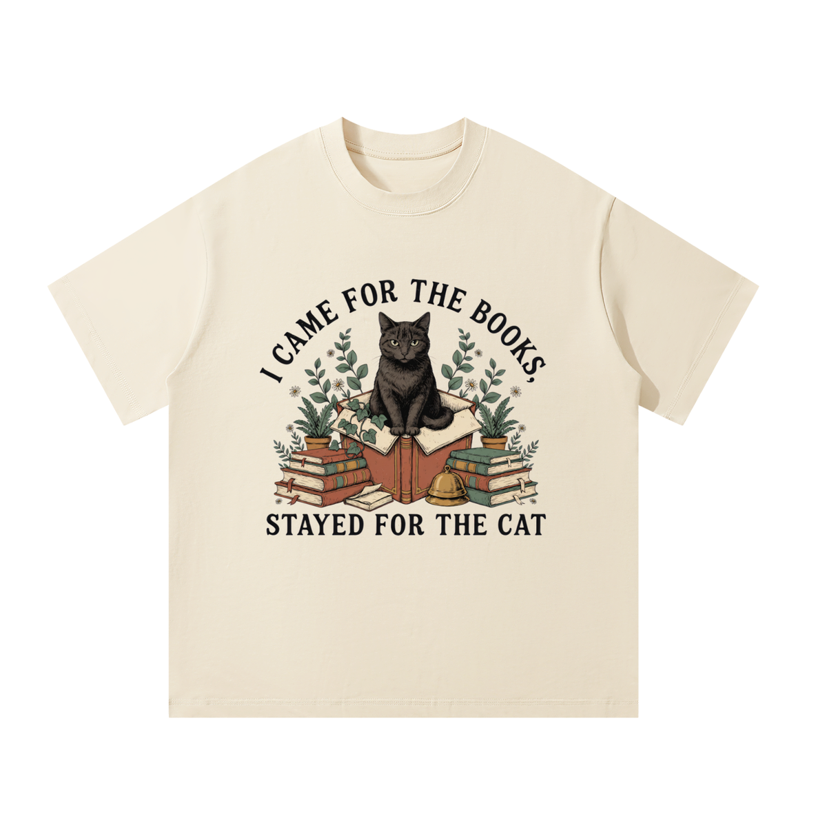 Unisex oversized heavyweight cotton tee with a black cat on a stack of books and plants, I Came for the Books, Stayed for the Cat front print