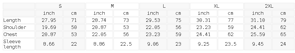 Size chart for the oversized heavyweight cotton tee