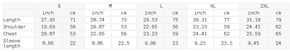 Size chart for the oversized heavyweight cotton tee