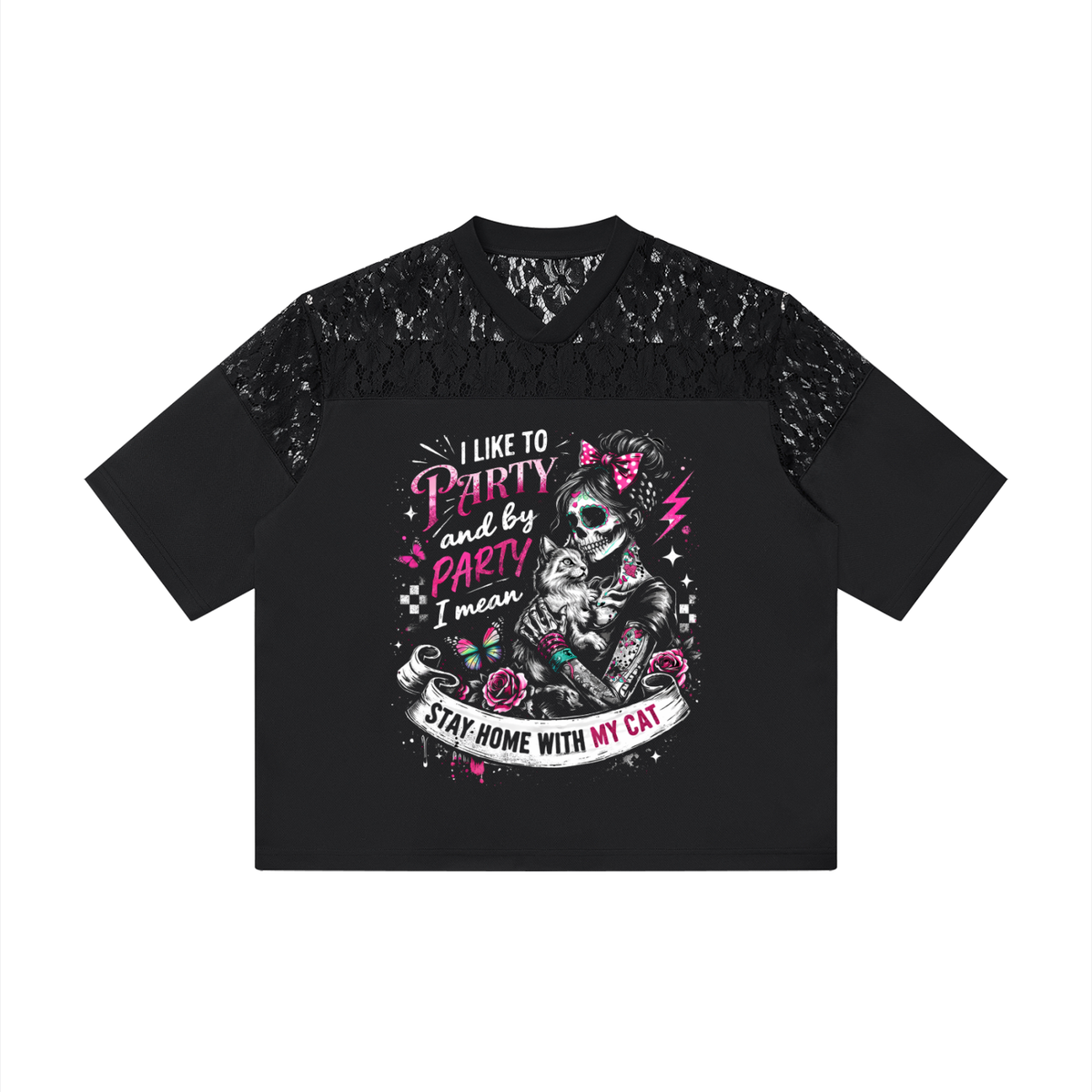 Women’s I Like to Party Lace-Panel V-Neck T-Shirt