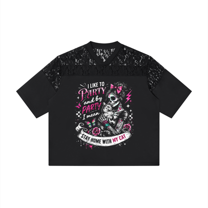 Women’s I Like to Party Lace-Panel V-Neck T-Shirt