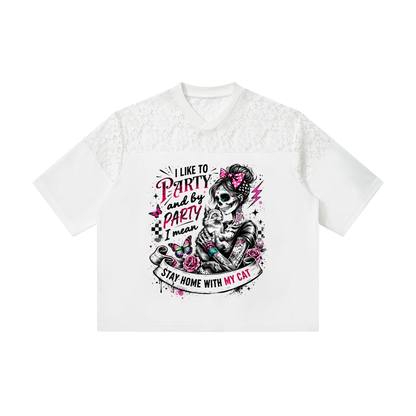 Women’s I Like to Party Lace-Panel V-Neck T-Shirt
