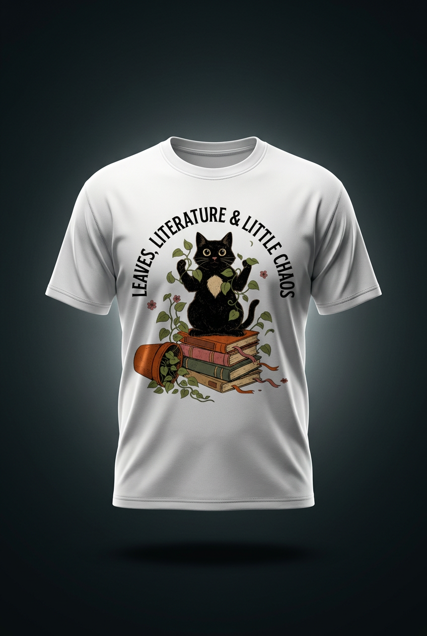 Unisex oversized heavyweight cotton tee with a black cat on books beside a tipped plant pot, Leaves, Literature & Little Chaos front print