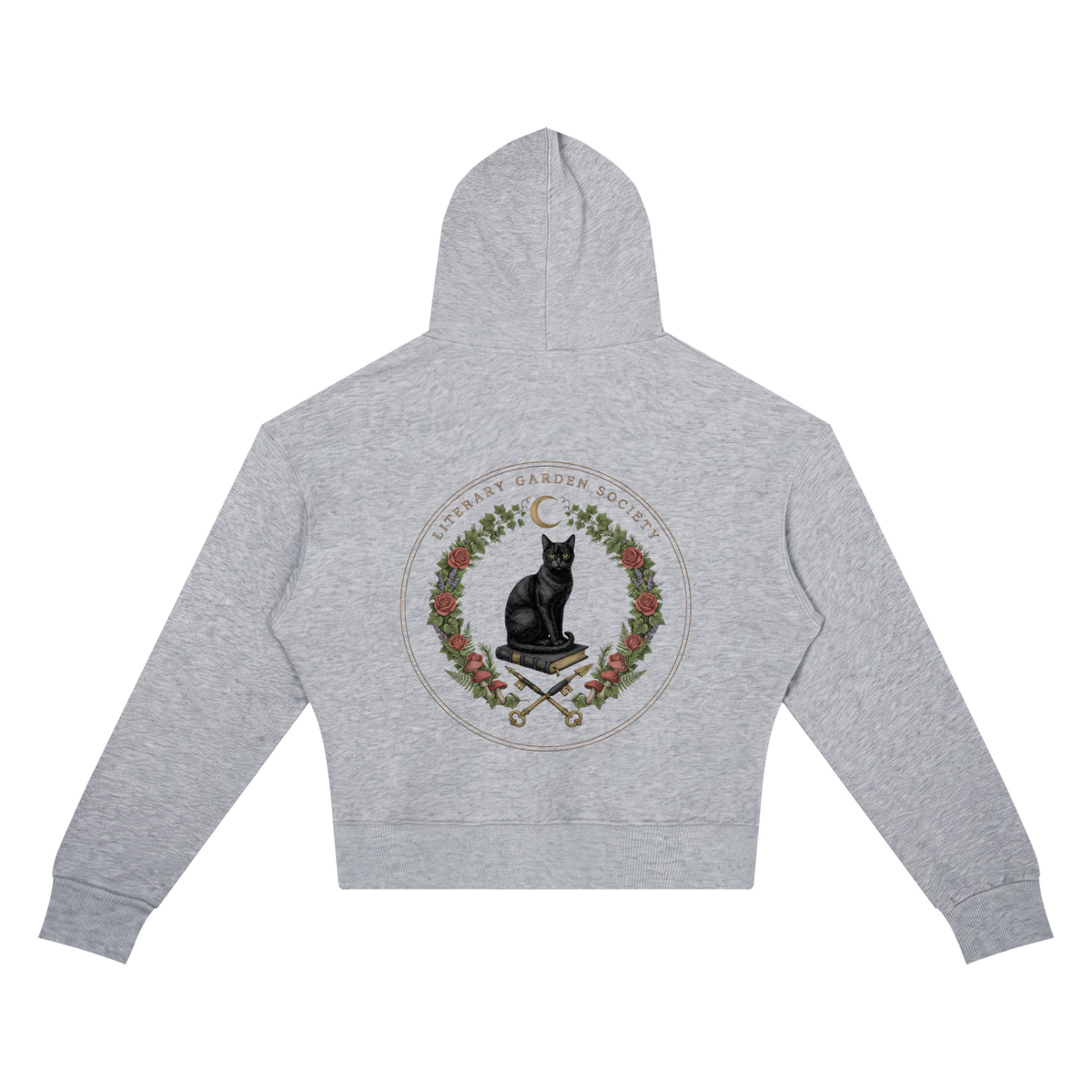 Women’s Literary Garden Society Cropped Drop-Shoulder Hoodie in gray with the black cat and roses crest, back print